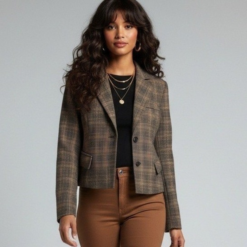 Motivi Brown Plaid Tailored Blazer Jacket Size 4 Cotton Blend Professional